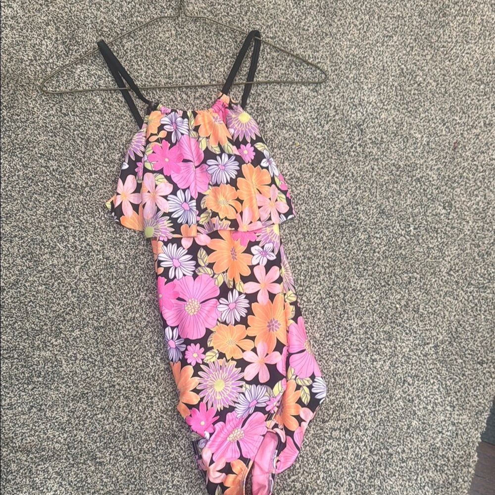 Floral Kids One Piece Swimsuit - Pink and Orange